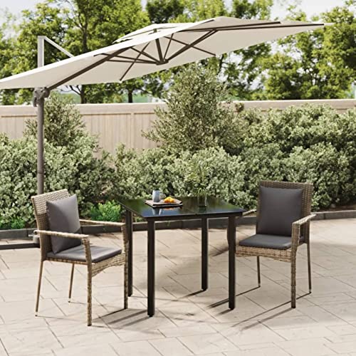 LAPOOH 3-TLG. Garten-Essgruppe mit Kissen Schwarz und Grau Poly Rattan, Esstisch Mit Stühlen Set, Gartenmöbel Sitzgruppe, Balkon Möbel, Gartenlounge Set, Terrassenmöbel, Balkonmöbel Set - 3185113 von LAPOOH