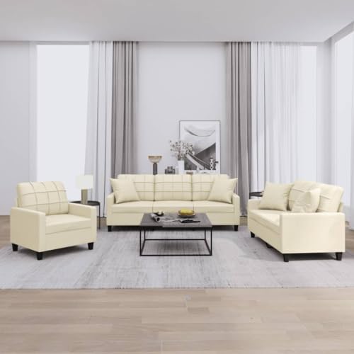LAPOOH 3-TLG. Sofagarnitur mit Kissen Creme Kunstleder, Sofa Mit Relaxfunktion, Couchgarnitur, Wohnzimmer Sofa, Couch, Sofa Set 3201349 von LAPOOH