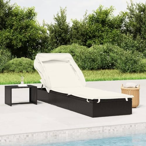LAPOOH 319638 Sonnenliege mit klappbarem Sonnendach, Polyrattan, Schwarz, 213 x 63 x 97 cm, Gartenliege, Strandliege, Liegestuhl, Poolliege, Terrassenmöbel von LAPOOH