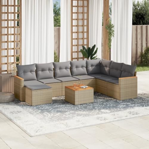 LAPOOH 3226255 Garten-Sofa-Set mit beigefarbenen Kissen, 9-teiliges Rattan-Set, Gartenmöbel, Outdoor-Gartenmöbel, Gartenmöbel-Set von LAPOOH