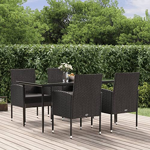 LAPOOH 5-TLG. Garten-Essgruppe mit Kissen Schwarz Poly Rattan, Esstisch Mit Stühlen Set, Gartenmöbel Sitzgruppe, Balkon Möbel, Gartenlounge Set, Terrassenmöbel, Balkonmöbel Set - 3156786 von LAPOOH