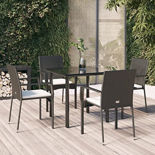 LAPOOH 5-TLG. Garten-Essgruppe mit Kissen Schwarz Poly Rattan, Esstisch Mit Stühlen Set, Gartenmöbel Sitzgruppe, Balkon Möbel, Gartenlounge Set, Terrassenmöbel, Balkonmöbel Set - 3185132 von LAPOOH