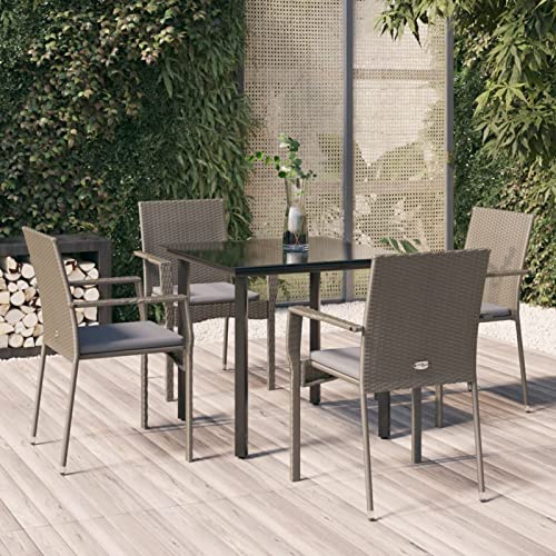 LAPOOH 5-TLG. Garten-Essgruppe mit Kissen Schwarz und Grau Poly Rattan, Esstisch Mit Stühlen Set, Gartenmöbel Sitzgruppe, Balkon Möbel, Gartenlounge Set, Terrassenmöbel, Balkonmöbel Set - 3185138 von LAPOOH