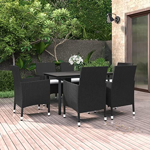 LAPOOH 7-TLG. Garten-Essgruppe mit Auflagen Poly Rattan und Glas, Esstisch Mit Stühlen Set, Gartenmöbel Sitzgruppe, Balkon Möbel, Gartenlounge Set, Terrassenmöbel, Balkonmöbel Set - 3099682 von LAPOOH
