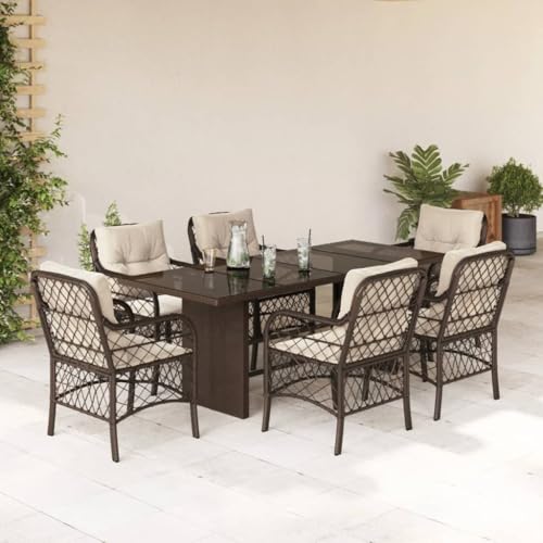 LAPOOH 7-TLG. Garten-Essgruppe mit Kissen Braun Poly Rattan, Esstisch Mit Stühlen Set, Gartenmöbel Sitzgruppe, Balkon Möbel, Gartenlounge Set, Terrassenmöbel, Balkonmöbel Set - 3212058 von LAPOOH