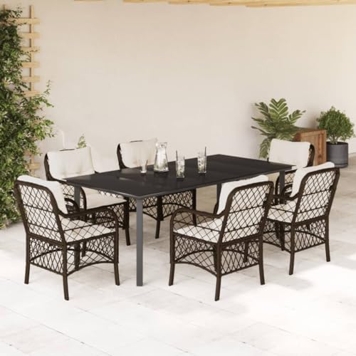 LAPOOH 7-TLG. Garten-Essgruppe mit Kissen Braun Poly Rattan, Esstisch Mit Stühlen Set, Gartenmöbel Sitzgruppe, Balkon Möbel, Gartenlounge Set, Terrassenmöbel, Balkonmöbel Set - 3212122 von LAPOOH