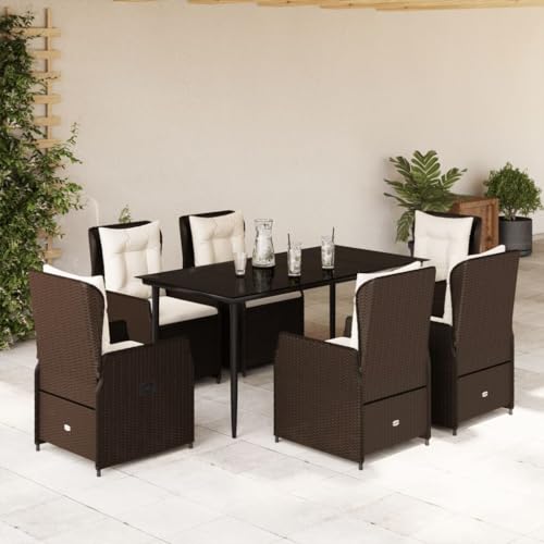 LAPOOH 7-TLG. Garten-Essgruppe mit Kissen Braun Poly Rattan, Esstisch Mit Stühlen Set, Gartenmöbel Sitzgruppe, Balkon Möbel, Gartenlounge Set, Terrassenmöbel, Balkonmöbel Set - 3262844 von LAPOOH