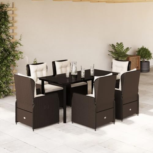 LAPOOH 7-TLG. Garten-Essgruppe mit Kissen Braun Poly Rattan, Esstisch Mit Stühlen Set, Gartenmöbel Sitzgruppe, Balkon Möbel, Gartenlounge Set, Terrassenmöbel, Balkonmöbel Set - 3262851 von LAPOOH