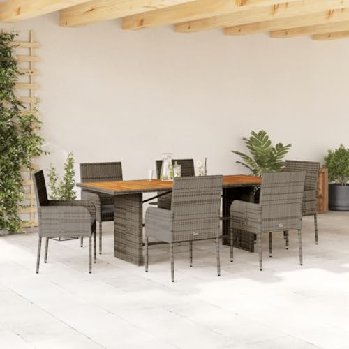 LAPOOH 7-TLG. Garten-Essgruppe mit Kissen Grau Poly Rattan, Esstisch Mit Stühlen Set, Gartenmöbel Sitzgruppe, Balkon Möbel, Gartenlounge Set, Terrassenmöbel, Balkonmöbel Set - 3213512 von LAPOOH