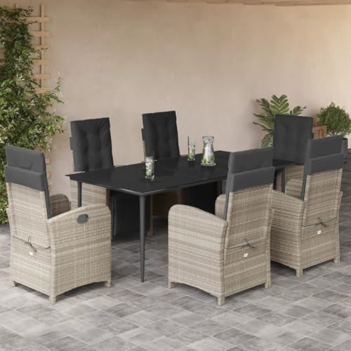 LAPOOH 7-TLG. Garten-Essgruppe mit Kissen Hellgrau Poly Rattan, Esstisch Mit Stühlen Set, Gartenmöbel Sitzgruppe, Balkon Möbel, Gartenlounge Set, Terrassenmöbel, Balkonmöbel Set - 3212603 von LAPOOH