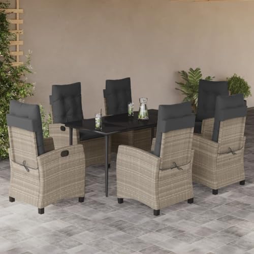 LAPOOH 7-TLG. Garten-Essgruppe mit Kissen Hellgrau Poly Rattan, Esstisch Mit Stühlen Set, Gartenmöbel Sitzgruppe, Balkon Möbel, Gartenlounge Set, Terrassenmöbel, Balkonmöbel Set - 3212848 von LAPOOH