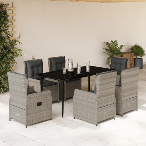 LAPOOH 7-TLG. Garten-Essgruppe mit Kissen Hellgrau Poly Rattan, Esstisch Mit Stühlen Set, Gartenmöbel Sitzgruppe, Balkon Möbel, Gartenlounge Set, Terrassenmöbel, Balkonmöbel Set - 3262900 von LAPOOH