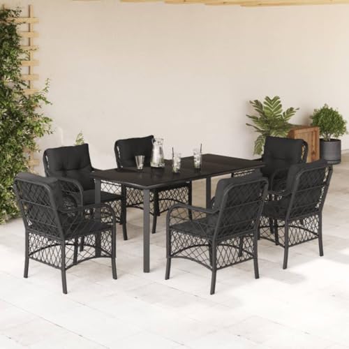 LAPOOH 7-TLG. Garten-Essgruppe mit Kissen Schwarz Poly Rattan, Esstisch Mit Stühlen Set, Gartenmöbel Sitzgruppe, Balkon Möbel, Gartenlounge Set, Terrassenmöbel, Balkonmöbel Set - 3212107 von LAPOOH