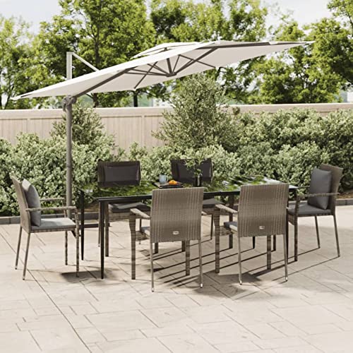 LAPOOH 7-TLG. Garten-Essgruppe mit Kissen Schwarz und Grau Poly Rattan, Esstisch Mit Stühlen Set, Gartenmöbel Sitzgruppe, Balkon Möbel, Gartenlounge Set, Terrassenmöbel, Balkonmöbel Set - 3185105 von LAPOOH