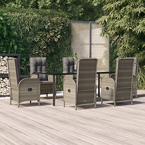 LAPOOH 7-TLG. Garten-Essgruppe mit Kissen Schwarz und Grau Poly Rattan, Esstisch Mit Stühlen Set, Gartenmöbel Sitzgruppe, Balkon Möbel, Gartenlounge Set, Terrassenmöbel, Balkonmöbel Set - 3185203 von LAPOOH