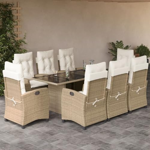 LAPOOH 9-TLG. Garten-Essgruppe mit Kissen Beige Poly Rattan, Esstisch Mit Stühlen Set, Gartenmöbel Sitzgruppe, Balkon Möbel, Gartenlounge Set, Terrassenmöbel, Balkonmöbel Set - 3212694 von LAPOOH