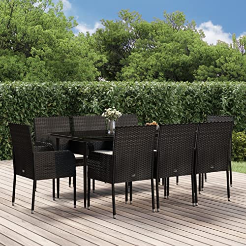 LAPOOH 9-TLG. Garten-Essgruppe mit Kissen Schwarz Poly Rattan, Esstisch Mit Stühlen Set, Gartenmöbel Sitzgruppe, Balkon Möbel, Gartenlounge Set, Terrassenmöbel, Balkonmöbel Set - 3185146 von LAPOOH