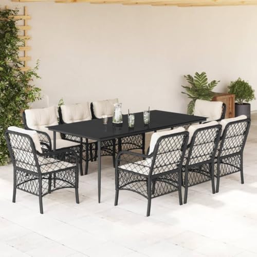 LAPOOH 9-TLG. Garten-Essgruppe mit Kissen Schwarz Poly Rattan, Esstisch Mit Stühlen Set, Gartenmöbel Sitzgruppe, Balkon Möbel, Gartenlounge Set, Terrassenmöbel, Balkonmöbel Set - 3212088 von LAPOOH