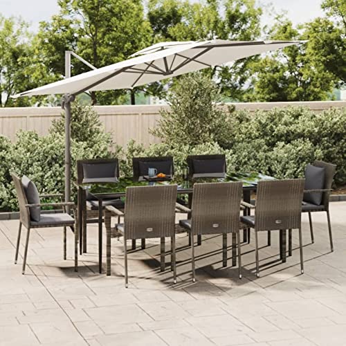 LAPOOH 9-TLG. Garten-Essgruppe mit Kissen Schwarz und Grau Poly Rattan, Esstisch Mit Stühlen Set, Gartenmöbel Sitzgruppe, Balkon Möbel, Gartenlounge Set, Terrassenmöbel, Balkonmöbel Set - 3185106 von LAPOOH