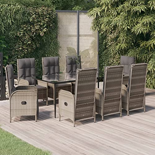 LAPOOH 9-TLG. Garten-Essgruppe mit Kissen Schwarz und Grau Poly Rattan, Esstisch Mit Stühlen Set, Gartenmöbel Sitzgruppe, Balkon Möbel, Gartenlounge Set, Terrassenmöbel, Balkonmöbel Set - 3185186 von LAPOOH