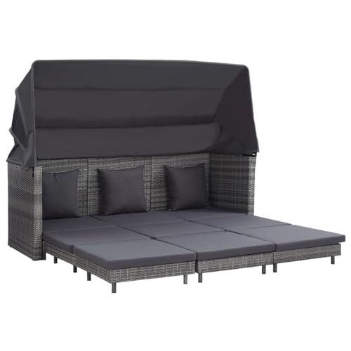 LAPOOH Ausziehbares 3-Sitzer-Schlafsofa mit Dach, Gartenmöbel, Balkon Möbel, Balkon Lounge, Gartenlounge, Gartensofa, Loungemöbel, Sitzecke Balkon, Poly Rattan Grau -at von LAPOOH