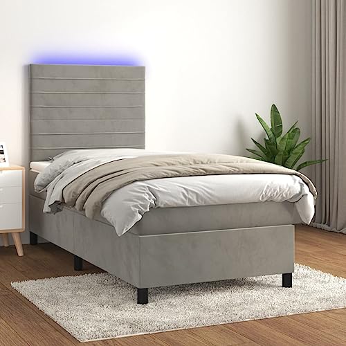 LAPOOH Boxspringbett Matratze und LED Hellgrau 90 x 200 cm Samt Bettgestell Federbett Bettgestell Boxspringbett - 3136161 von LAPOOH