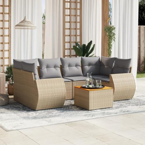 LAPOOH Gartensofa-Set 7-teilig mit Kissen in Beige aus Polyrattan, Gartenmöbel-Set, Gartensofa-Set für den Außenbereich, 3257235 von LAPOOH