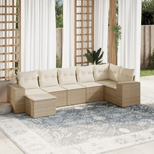 LAPOOH Gartensofa-Set 7-teilig mit beigen Kissen aus Polyrattan, Gartenmöbel-Set, Outdoor-Sofa-Set, Loungeset für den Außenbereich, 3255215 von LAPOOH
