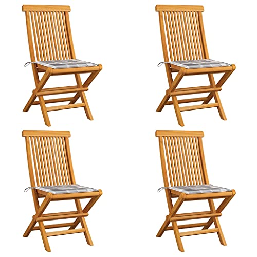 LAPOOH Gartenstühle Graue Karomuster-Kissen, Gartenmöbel, Balkonstühle, Hochlehner, Balkonmöbel, Bistrostuhl, Garten Stühle, Sit Möbel, Armlehnenstuhl, 4 STK. Massivholz Teak von LAPOOH