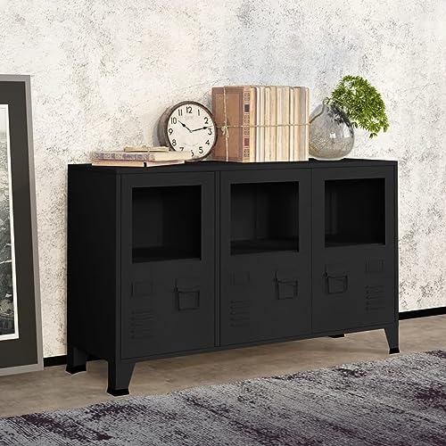 LAPOOH Industrial Sideboard, Kommode Schlafzimmer, Kommoden & Sideboards, Wohnzimmerschrank, Flur Kommode, Zimmer Möbel, Schwarz 105x35x62 cm Metall und Glas -at von LAPOOH