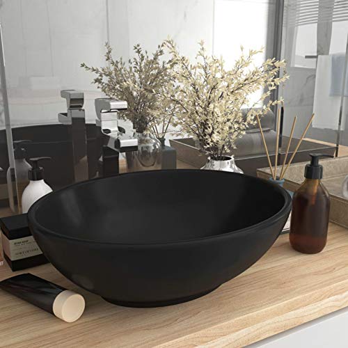 LAPOOH Luxuriöses Ovales Waschbecken, Aufsatzwaschbecken, Bathroom Sink, Waschtisch, Ablaufgarnitur, Aufsatzbecken, Matt Schwarz 40x33 cm Keramik von LAPOOH