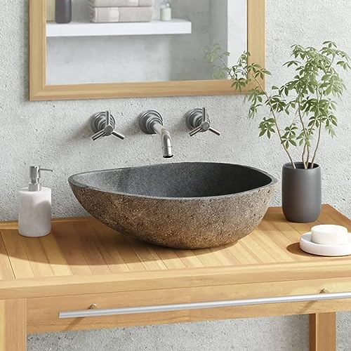 Waschbecken, LAPOOH Aufsatzwaschbecken, Bathroom Sink, Waschtisch, Aufsatzbecken, Ablaufgarnitur, Flussstein Oval 38-45 cm von LAPOOH