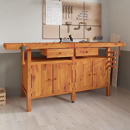 Werkbank mit Schubladen Schraubstöcken 192x62x83 cm Akazienholz, LAPOOH Werkstatteinrichtung, Werkbank Werkstatt, Werkzeugschrank, Werktisch, Werkzeugtisch, Werkbänke Für Heimwerker 153326 von LAPOOH