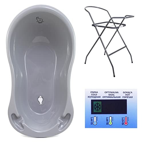 LAPSI® 3er Set Ergonomische Baby-Badewanne mit Stöpsel 102 cm, Ab 0 bis ca. 12 Monate, Elefant Grau + Ständer Gestell Graphit + Bade Thermometer für Baby von LAPSI