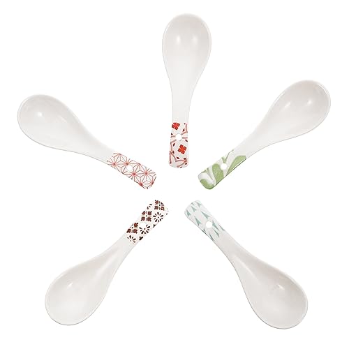LAPYAPPE 5 Stück Keramiklöffel Teilig Ergonomische Suppenlöffel für Küche für Reis Porridge und Desserts aus Hochwertigem Porzellan Verschiedene Designs von LAPYAPPE