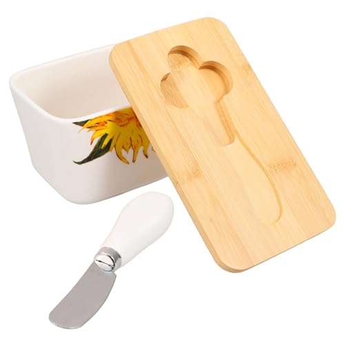 LAPYAPPE Butterdose mit Holzdeckel und Buttermesser Keramik Butterbehälter für Butter und Spülmaschinenfest Vielseitig Einsetzbar Design von LAPYAPPE