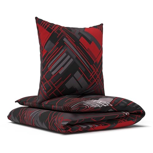 LARAWELL Bettwäsche 135x200 Baumwolle ganzjahres Bettwäsche-Sets rot grau abstrakt geometrisch Premium von LARAWELL