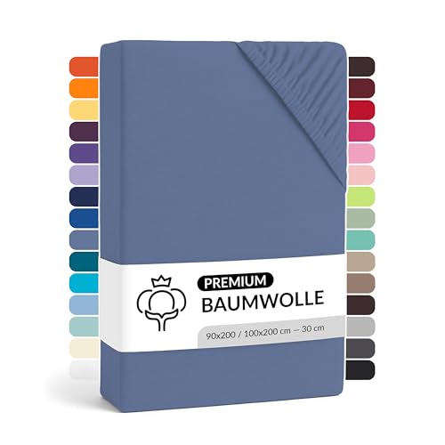 LARAWELL Spannbettlaken 90x200cm Baumwolle, bis 100x200, Rauchblau, Spannbetttuch aus extra dickem Premium Jersey (gekämmt), 30 cm Steghöhe, bügelfrei, atmungsaktiv, formstabil von LARAWELL