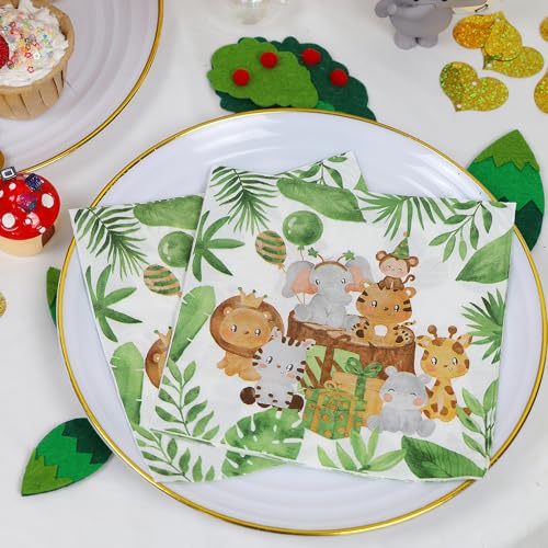 LARDUX 40 Stück Servietten Kindergeburtstag - Servietten Dschungel 33x33 cm Animals Motiv Grün Papierservietten für Jungen Kindergeburtstage Waldtiere Geburtstag Kinderpartys Baby-Taufe Deko von LARDUX
