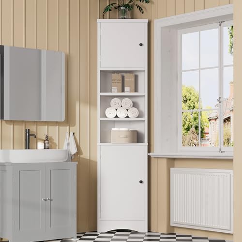 LARFOEK Badezimmerschrank, Badschrank Hochschrank mit 3 offene Fächer und 2 Türen, verstellbaren Ablagen, Aufbewahrungsschrank Badezimmermöbel Badmöbel, 36,5 x 24,5 x 170cm, Weiß von LARFOEK