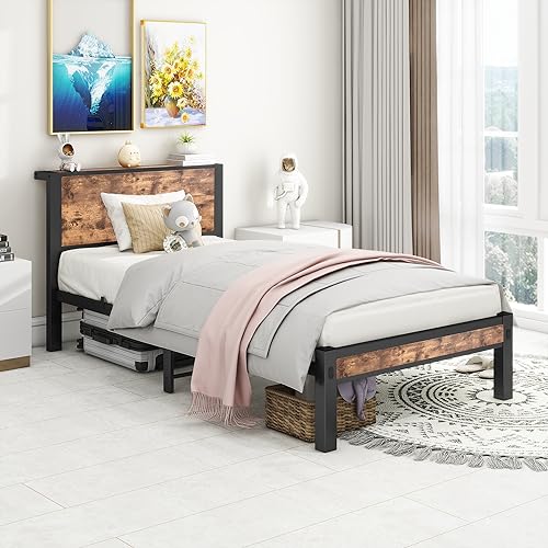 LARFOEK Bett 90x200 mit Lattenrost aus Metall, Bettgestell mit Stauraum Kopfteil, Metallbett Bettrahmen Jugendbett Einzelbett, Ohne Boxspring Notwendig, Braun (90x200cm) von LARFOEK
