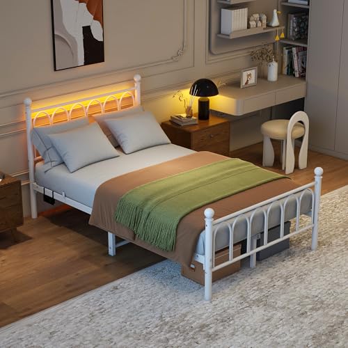 LARFOEK Bettgestell 120x200 cm, Bettrahmen Metallbett mit LED Beleuchtung, Bett mit Lattenrost aus Metall, USB Ladestation, Gästebett Jugendbett Doppelbett für Schlafzimmer Gästezimmer, Weiß (Weiß) von LARFOEK