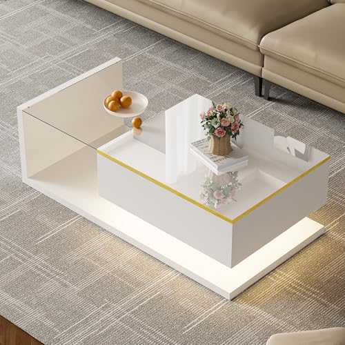 LARFOEK Couchtisch, Wohnzimmertisch Hochglanz mit LED Beleuchtung, Beistelltisch mit Stauraum, Modernes Quadratischer Kaffeetisch, Weiß, 100x50x32,5cm von LARFOEK