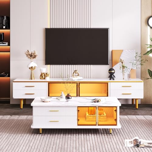 LARFOEK Couchtisch TV-Schrank Einstellen, Modulare Wohnzimmermöbel, Tür aus Gehärtetem Glas, Weiß TV-Ständer und Couchtisch Geeignet für Wohnzimmer, Küche, Schlafzimmer von LARFOEK