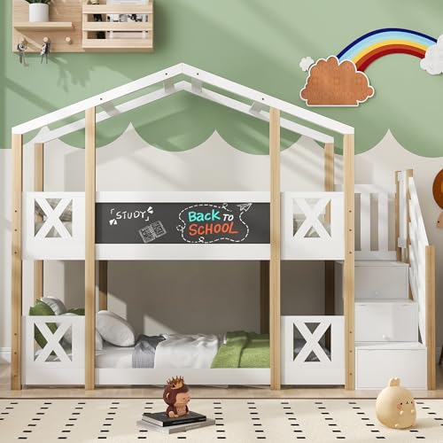 LARFOEK Etagenbett 90×200, Kinderbett Hochbett mit Treppe Stauraum und Rausfallschutz, Stockbett mit Lattenrost, Baumhaus Design, Kinderhochbett Bettgestell Holzbett, Ohne Matratze, Natur und Weiß LARFOEK Etagenbett 90×200, Kinderbett Hochbett mit Treppe Stauraum und Rausfallschutz, Stockbett mit Lattenrost, Baumhaus Design, Kinderhochbett Bettgestell Holzbett, Ohne Matratze, Natur und Weiß von LARFOEK