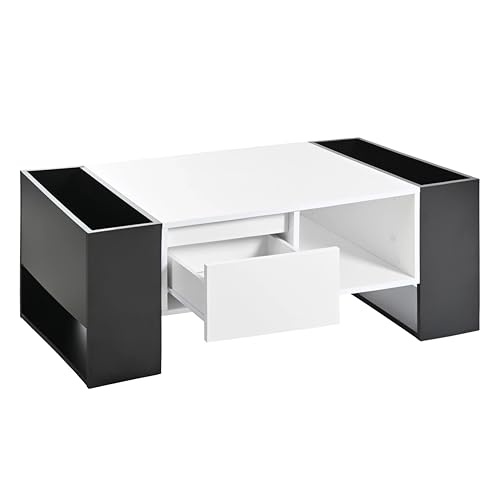 LARFOEK Holz Couchtisch mit Schublade und 4 Offenen Fächern, Moderner Wohnzimmertisch, Hochglänzender Oberfläche, Sofatisch für Wohnzimmer, Schlafzimmer, 105 x 60 x 40,5 cm, Schwarz Weiß Design (A) von LARFOEK