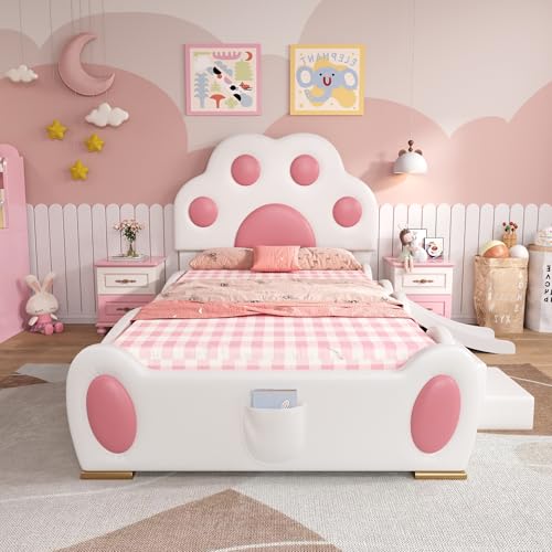 LARFOEK Kinderbett mit Rutsche, Polsterbett 90x200cm, Einzelbett Bettgestell mit Lattenrost und Kopfteil, Cartoon Katzenpfote Mädchenbett mit Zweistufiger Leiter, ohne Matratze, Weiß + Rosa (A) von LARFOEK