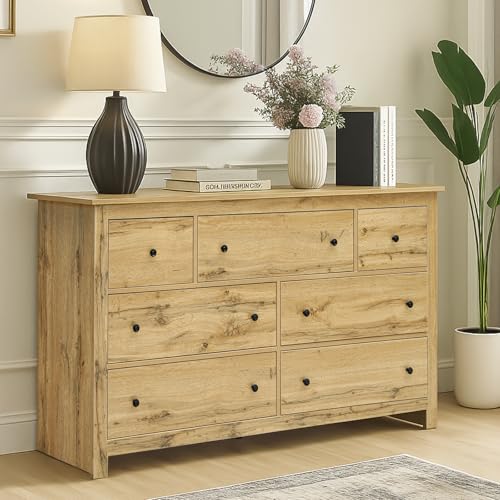 LARFOEK Kommode mit 7 Schubladen, Kommode Holzfarbe Kommodenschrank Kommode Wohnzimmer Sideboard Anrichte Esszimmerschrank Modern (Holzfarbe) von LARFOEK