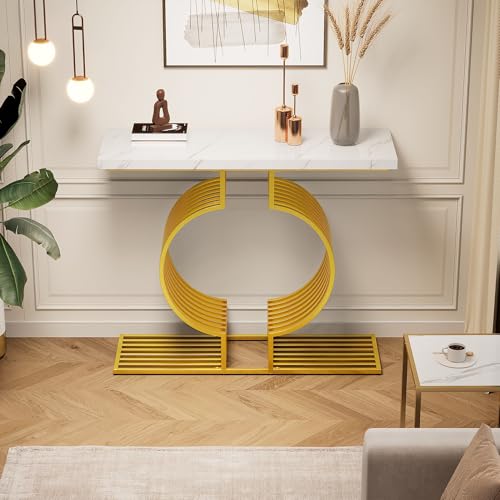 LARFOEK Konsolentisch, Flurtisch mit Verstellbare Goldener Sockel, Schmaler Sofatisch Eingangstisch Couchtisch Beistelltisch für Eingang, Flur, Wohnzimmer, 100 x 35 x 80cm, Weiß und Gold von LARFOEK