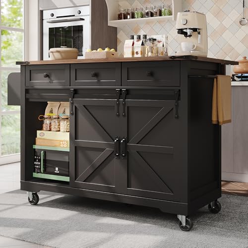LARFOEK Kücheninsel auf Rollen, Küchenwagen mit 2 Schiebetüren und 3 Schubladen, Küchenschrank mit Klappbarer Arbeitsplatte, Servierwagen mit Handtuchhalter und Gewürzboard, 140 x 45 x 94 cm (Schwarz) LARFOEK Kücheninsel auf Rollen, Küchenwagen mit 2 Schiebetüren und 3 Schubladen, Küchenschrank mit Klappbarer Arbeitsplatte, Servierwagen mit Handtuchhalter und Gewürzboard, 140 x 45 x 94 cm (Schwarz) von LARFOEK